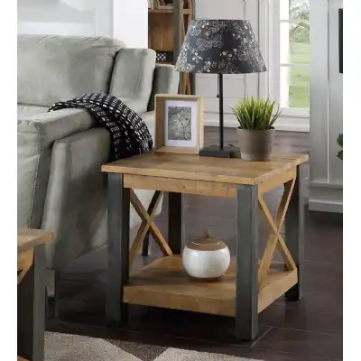 Reclaimed Wood And Steel Frame Lamp Table with Shelf