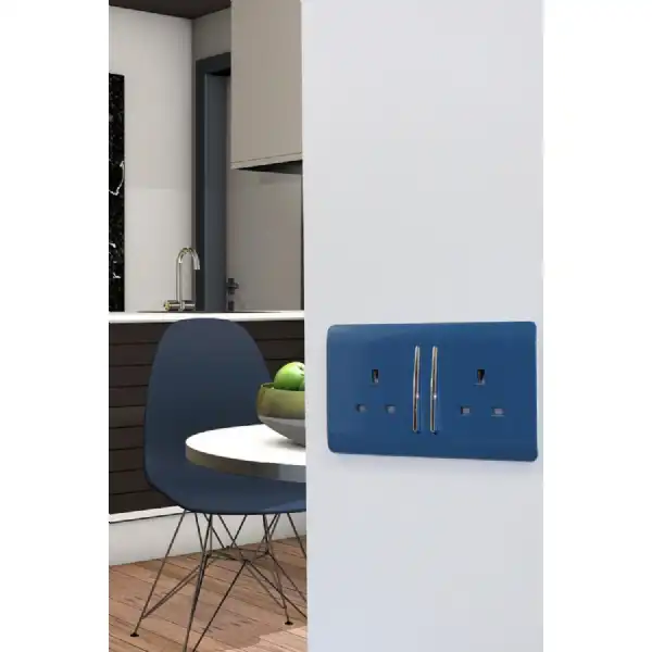 Trendi, Artistic Modern 2 Gang 13Amp Long Switched Double Socket Ocean Blue Finish, BRITISH MADE, (25mm Back Box Required), 5yrs Warranty