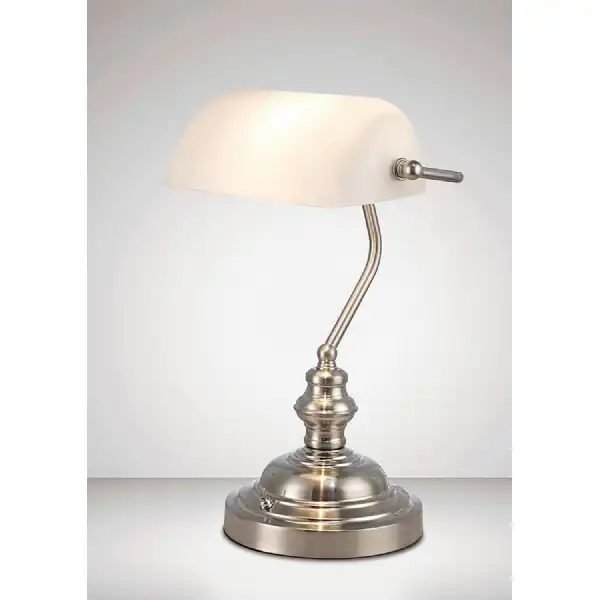 Morgan Bankers Table Lamp 1 Light E27 Satin Nickel White Glass