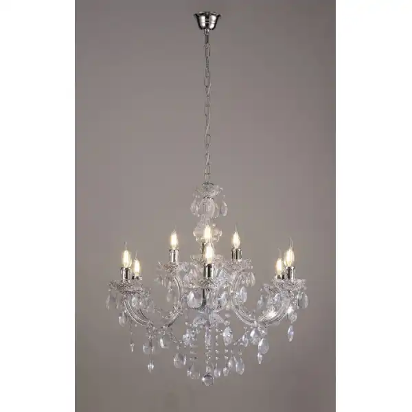Floria Chandelier With Acrylic Sconce And Acrylic Droplets 6+3 Light E14 Polished Chrome Finish