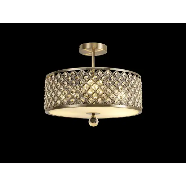 Sasha 3 Light E27, Semi Flush Light, 405mm Round, Antique Brass With Crystal Glass And Opal Glass Diffuser