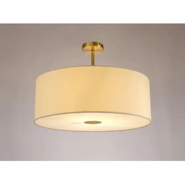 Baymont Antique Brass 1 Light E27 Semi Flush c w 600mm Faux Silk Shade, Ivory Pearl White Laminate c w 600mm Frosted AB Acrylic Diffuser