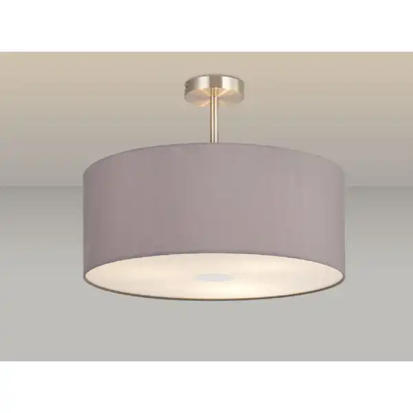 Baymont Satin Nickel 3 Light E27 Semi Flush c w 500 x 200mm Faux Silk Fabric Shade, Grey White Laminate And 500mm Frosted PC Acrylic Diffuser