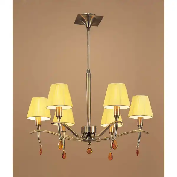 Siena Pendant Round 6 Light E14, Antique Brass With Amber Cream Shades And Amber Crystal