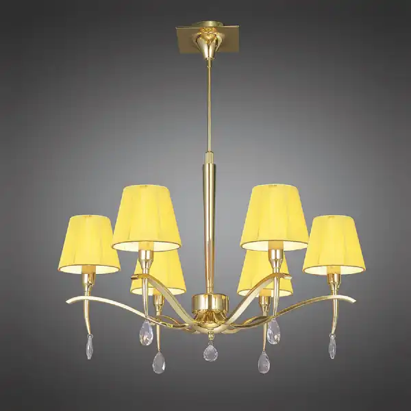 Siena Pendant Round 6 Light E14, Polished Brass With Amber Cream Shades And Clear Crystal