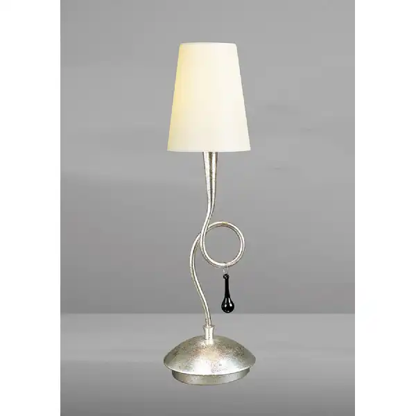 Paola Table Lamp 1 Light E14, Silver Painted With Cream Shade And Black Glass Droplets