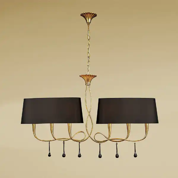Paola Linear Pendant 2 Arm 6 Light E14, Gold Painted With Black Shades And Amber Glass Droplets