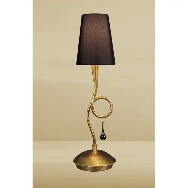 Paola Table Lamp 1 Light E14, Gold Painted With Black Shade And Amber Glass Droplets
