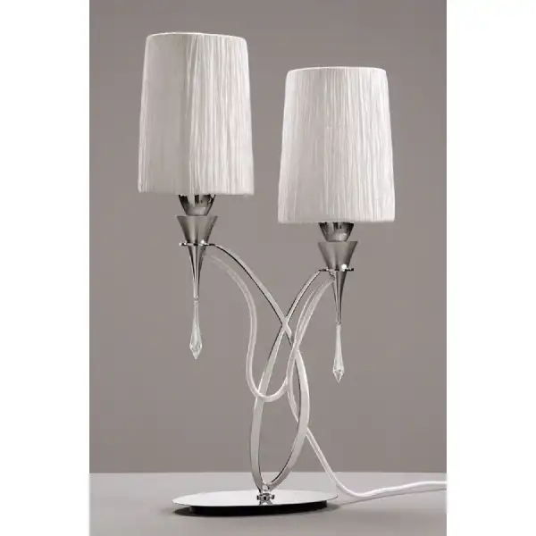Lucca Table Lamp 2 Light E27, Polished Chrome With White Shades And Clear Crystal