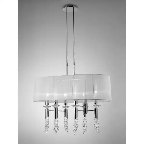 Tiffany Pendant 6+6 Light E27+G9 Oval, Polished Chrome With White Shade And Clear Crystal