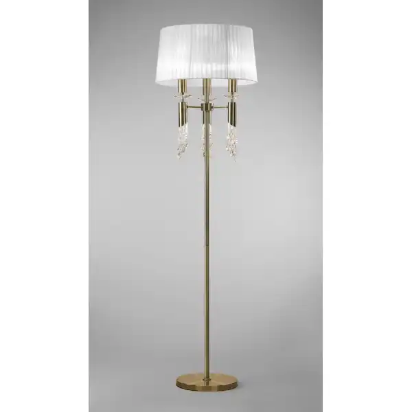 Tiffany Floor Lamp 3+3 Light E27+G9, Antique Brass With White Shade And Clear Crystal
