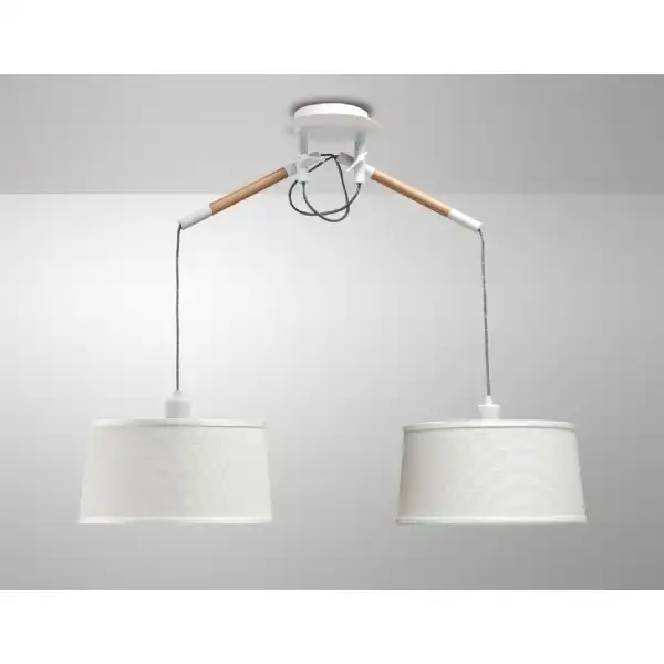Nordica Linear Pendant With White Shade 2 Light E27, Matt White Beech With Ivory White Shades