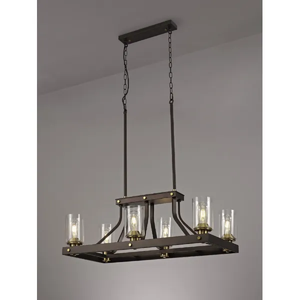 Kennington Linear Pendant 6 Light E27, Brown Oxide Gold Bronze With Clear Glass Shades
