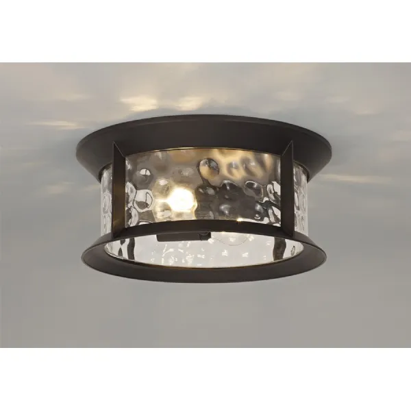 Bentley Flush Ceiling Lamp, 2 xE27, Antique Bronze Clear Ripple Glass, IP54, 2yrs Warranty