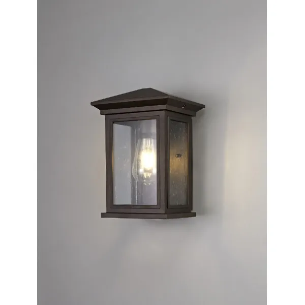 Lewes Flush Wall Lamp, 1 x E27, IP54, Antique Bronze Clear Seeded Glass, 2yrs Warranty