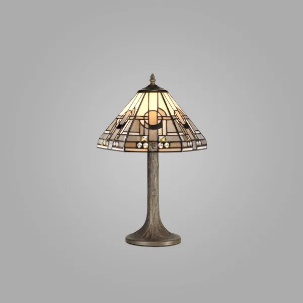 Knebworth 1 Light Tree Like Table Lamp E27 With 30cm Tiffany Shade, White Grey Black Clear Crystal Aged Antique Brass