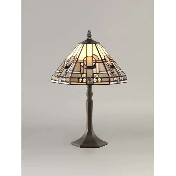 Knebworth 1 Light Octagonal Table Lamp E27 With 30cm Tiffany Shade, White Grey Black Clear Crystal Aged Antique Brass