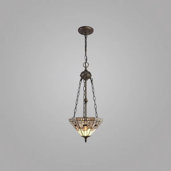 Knebworth 2 Light Uplighter Pendant E27 With 30cm Tiffany Shade, White Grey Black Clear Crystal Aged Antique Brass