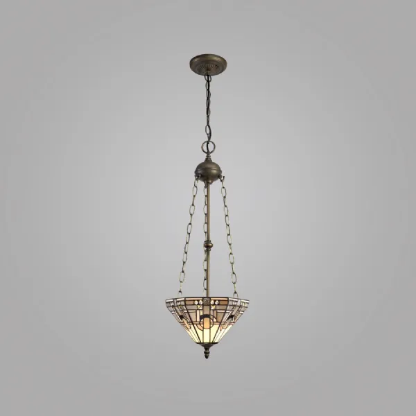 Knebworth 3 Light Uplighter Pendant E27 With 30cm Tiffany Shade, White Grey Black Clear Crystal Aged Antique Brass