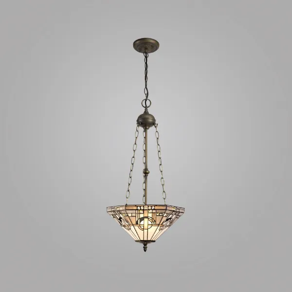 Knebworth 3 Light Uplighter Pendant E27 With 40cm Tiffany Shade, White Grey Black Clear Crystal Aged Antique Brass