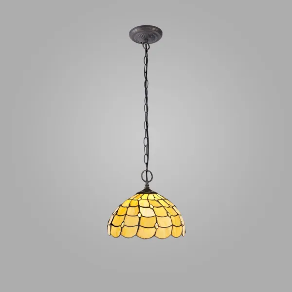 Stratford 2 Light Downlighter Pendant E27 With 30cm Tiffany Shade, Beige Clear Crystal Aged Antique Brass
