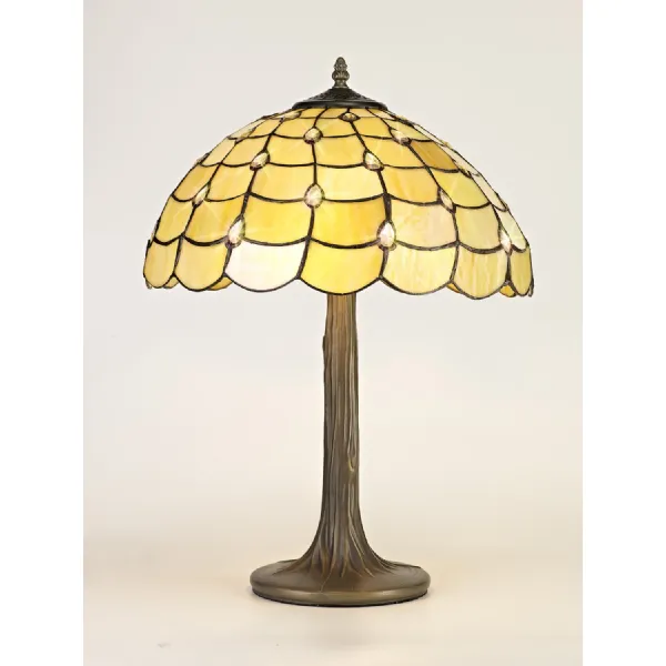 Stratford 2 Light Tree Like Table Lamp E27 With 40cm Tiffany Shade, Beige Clear Crystal Aged Antique Brass