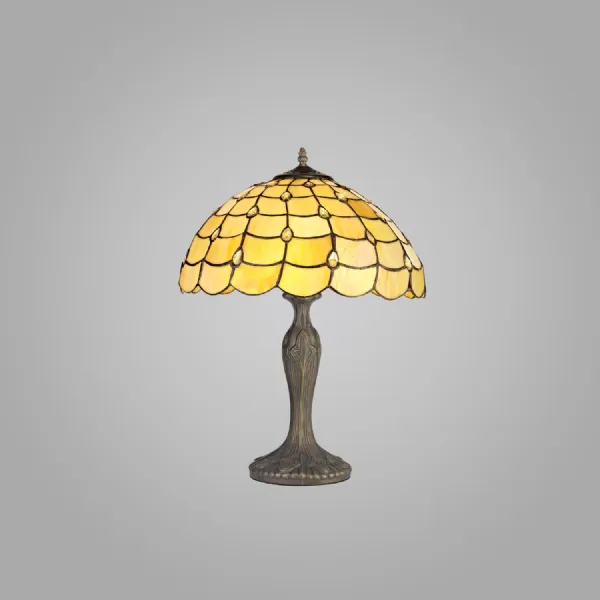 Stratford 2 Light Curved Table Lamp E27 With 40cm Tiffany Shade, Beige Clear Crystal Aged Antique Brass