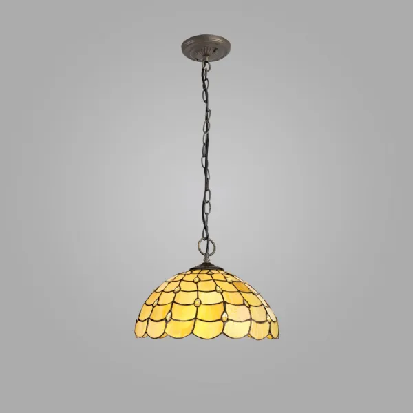 Stratford 3 Light Downlighter Pendant E27 With 40cm Tiffany Shade, Beige Clear Crystal Aged Antique Brass