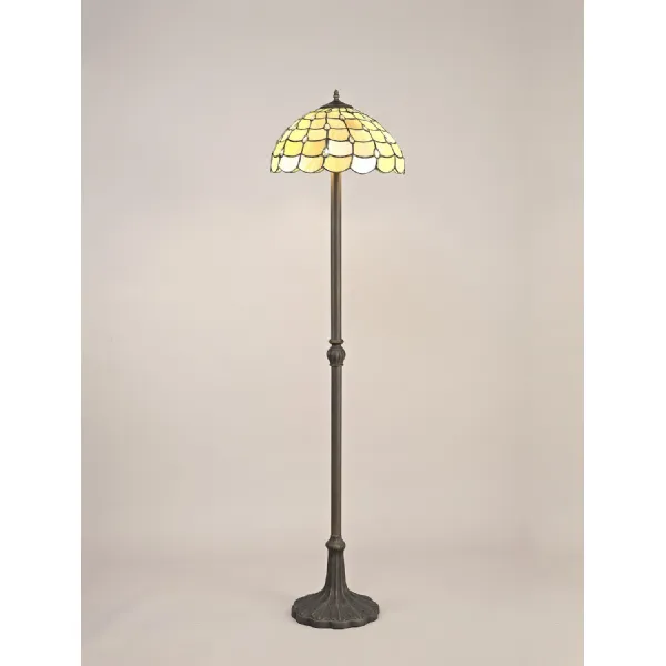 Stratford 2 Light Leaf Design Floor Lamp E27 With 40cm Tiffany Shade, Beige Clear Crystal Aged Antique Brass