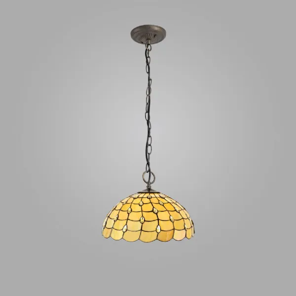 Stratford 3 Light Downlighter Pendant E27 With 50cm Tiffany Shade, Beige Clear Crystal Aged Antique Brass