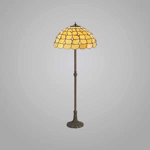 Stratford 2 Light Leaf Design Floor Lamp E27 With 50cm Tiffany Shade, Beige Clear Crystal Aged Antique Brass