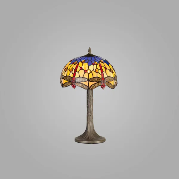 Hitchin 1 Light Tree Like Table Lamp E27 With 30cm Tiffany Shade, Blue Orange Crystal Aged Antique Brass