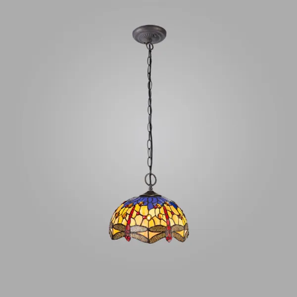 Hitchin 2 Light Downlighter Pendant E27 With 30cm Tiffany Shade, Blue Orange Crystal Aged Antique Brass