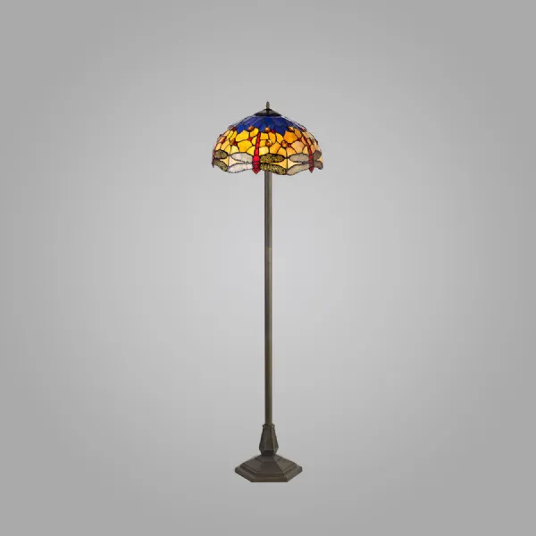 Hitchin 2 Light Octagonal Floor Lamp E27 With 40cm Tiffany Shade, Blue Orange Crystal Aged Antique Brass