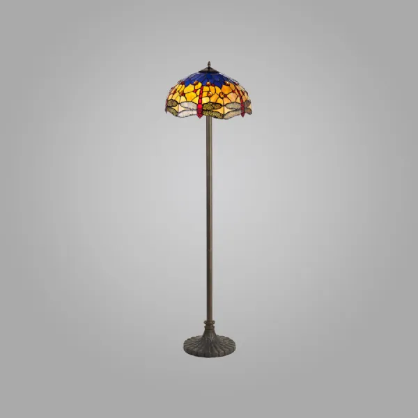 Hitchin 2 Light Stepped Design Floor Lamp E27 With 40cm Tiffany Shade, Blue Orange Crystal Aged Antique Brass