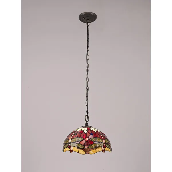 Hitchin 1 Light Downlighter Pendant E27 With 30cm Tiffany Shade, Purple Pink Crystal Aged Antique Brass