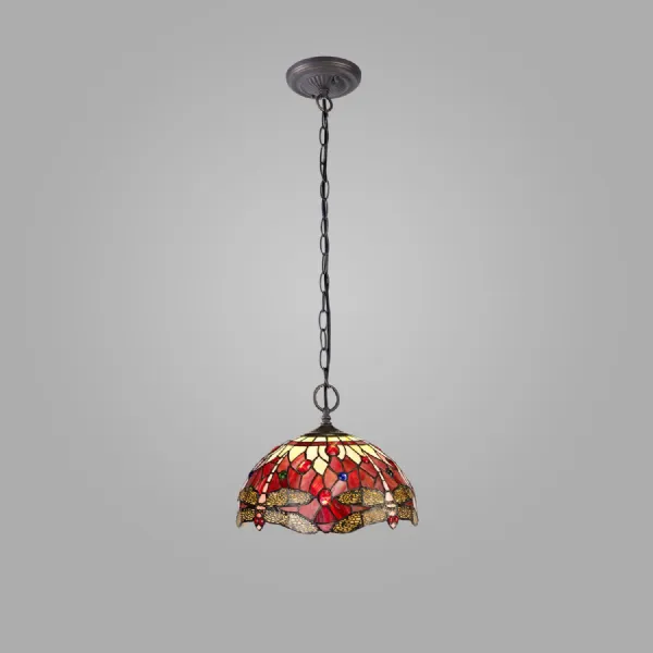 Hitchin 2 Light Downlighter Pendant E27 With 30cm Tiffany Shade, Purple Pink Crystal Aged Antique Brass