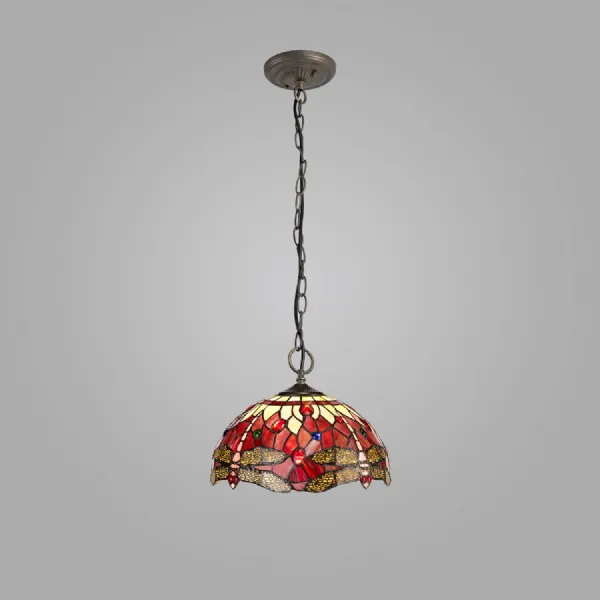 Hitchin 3 Light Downlighter Pendant E27 With 30cm Tiffany Shade, Purple Pink Crystal Aged Antique Brass