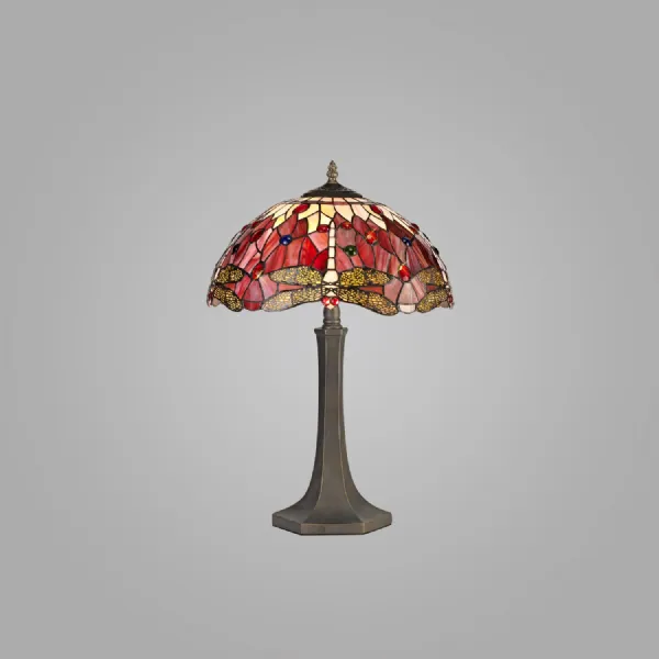 Hitchin 2 Light Octagonal Table Lamp E27 With 40cm Tiffany Shade, Purple Pink Crystal Aged Antique Brass
