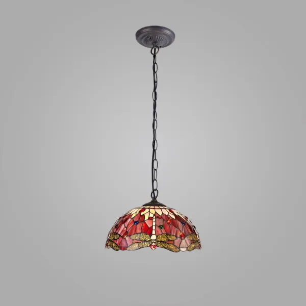 Hitchin 1 Light Downlighter Pendant E27 With 40cm Tiffany Shade, Purple Pink Crystal Aged Antique Brass