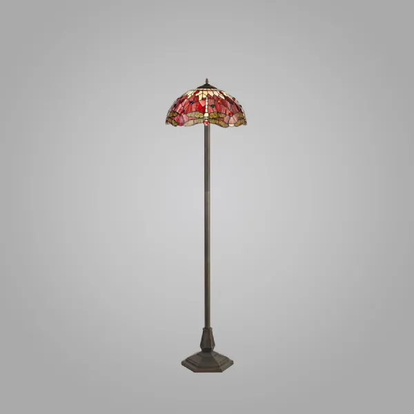 Hitchin 2 Light Octagonal Floor Lamp E27 With 40cm Tiffany Shade, Purple Pink Crystal Aged Antique Brass