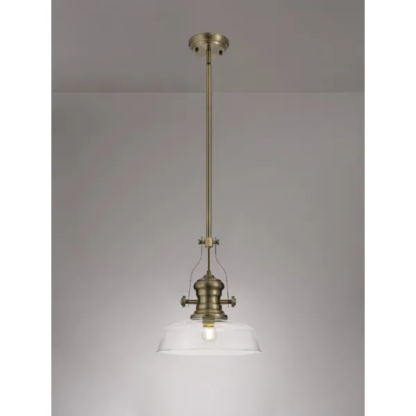 Sandy 1 Light Pendant E27 With 30cm Flat Round Glass Shade, Antique Brass Clear