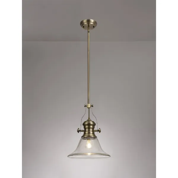Sandy 1 Light Pendant E27 With 30cm Smooth Bell Glass Shade, Antique Brass Clear
