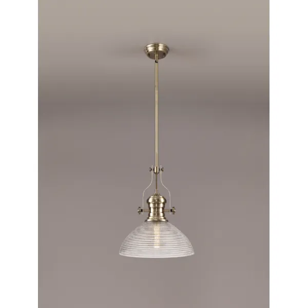 Sandy 1 Light Pendant E27 With 33.5cm Prismatic Glass Shade, Antique Brass Clear