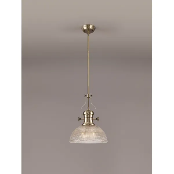 Sandy 1 Light Pendant E27 With 30cm Prismatic Glass Shade, Antique Brass Clear