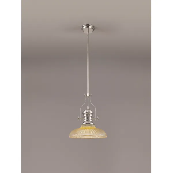 Sandy 1 Light Pendant E27 With 30cm Round Glass Shade, Polished Nickel Amber