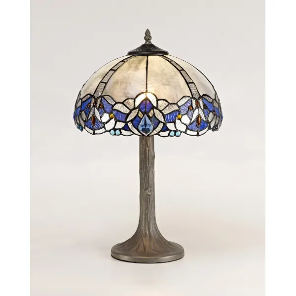 Ardingly 1 Light Tree Like Table Lamp E27 With 30cm Tiffany Shade, Blue Clear Crystal Aged Antique Brass
