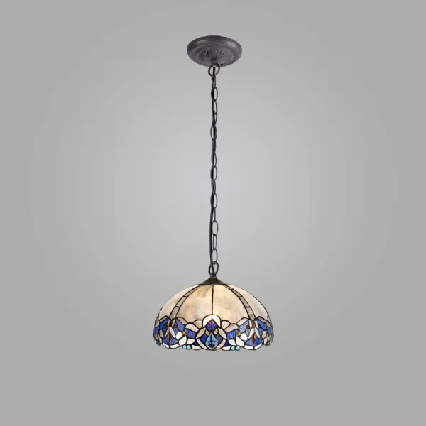 Ardingly 1 Light Downlight Pendant E27 With 30cm Tiffany Shade, Blue Clear Crystal Aged Antique Brass