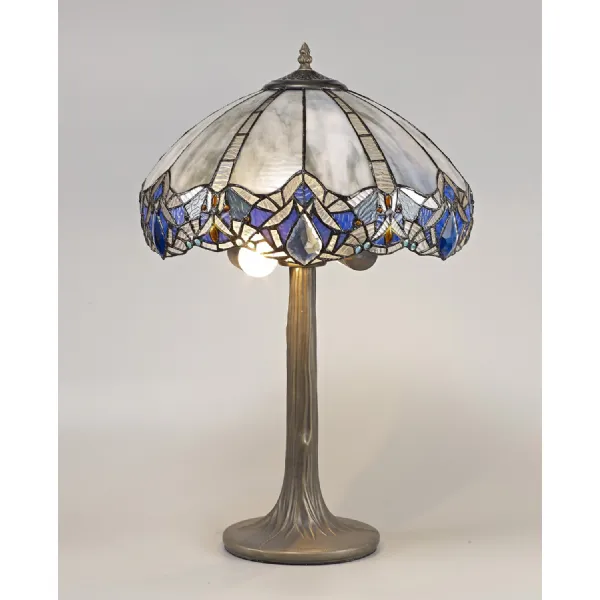 Ardingly 2 Light Tree Like Table Lamp E27 With 40cm Tiffany Shade, Blue Clear Crystal Aged Antique Brass