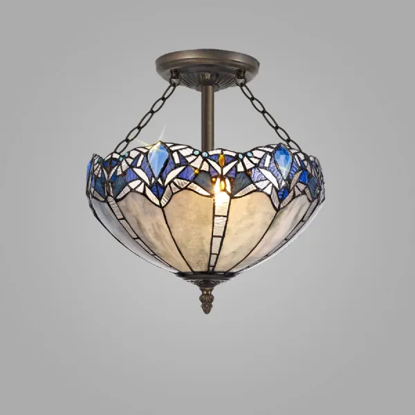 Ardingly 3 Light Semi Flush E27 With 40cm Tiffany Shade, Blue Clear Crystal Aged Antique Brass